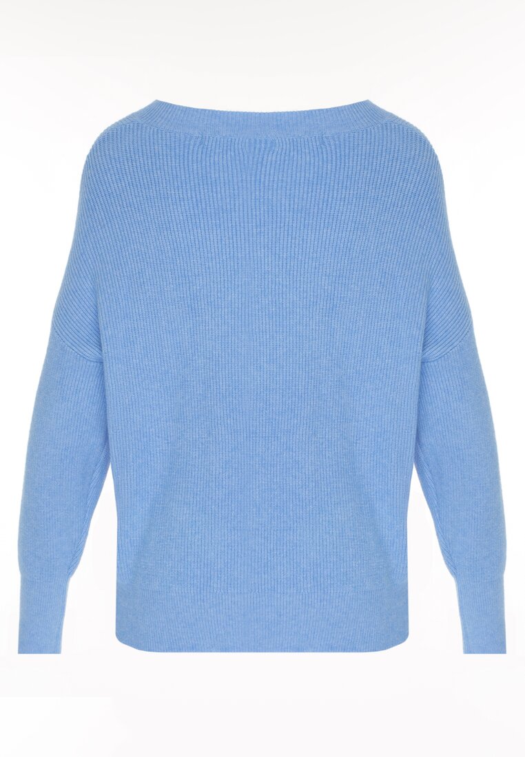 Niebieski Sweter z Domieszką Kaszmiru z Dekoltem w Serek Feralaine