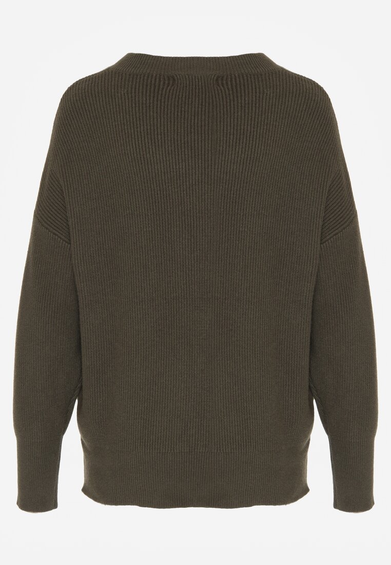 Ciemnozielony Sweter z Domieszką Kaszmiru z Dekoltem w Serek Feralaine