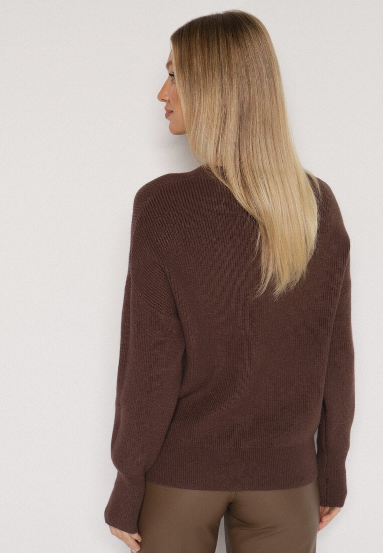 Brązowy Sweter z Domieszką Kaszmiru z Dekoltem w Serek Feralaine