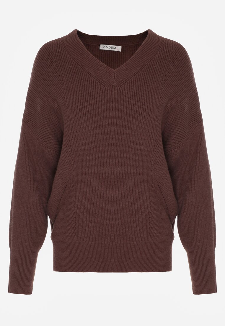 Brązowy Sweter z Domieszką Kaszmiru z Dekoltem w Serek Feralaine