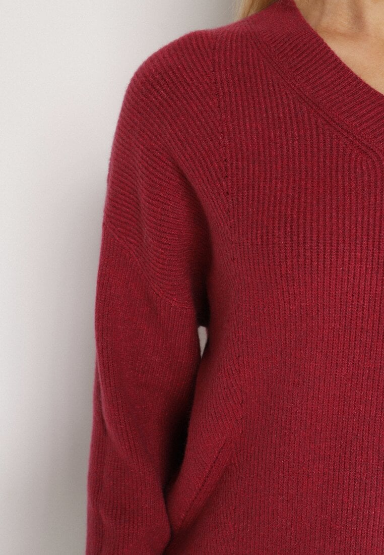 Bordowy Sweter z Domieszką Kaszmiru z Dekoltem w Serek Feralaine
