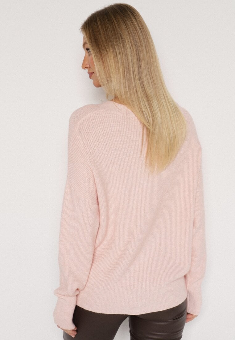 Jasnoróżowy Sweter z Domieszką Kaszmiru z Dekoltem w Serek Feralaine