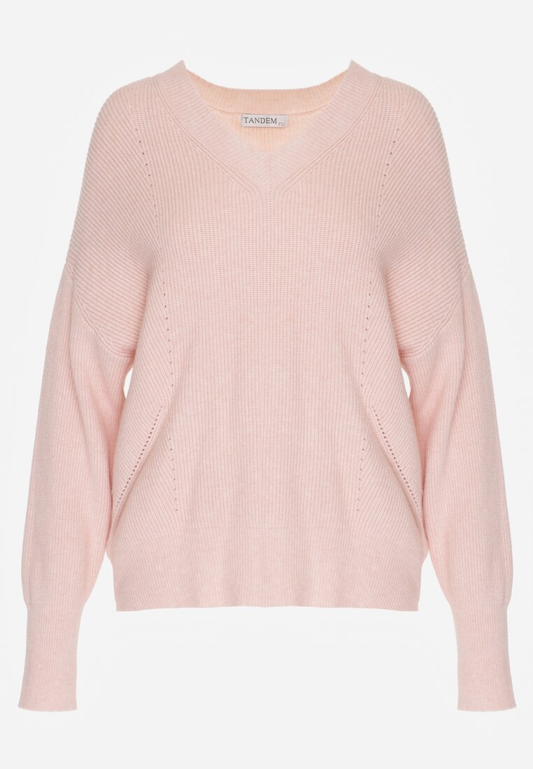 Jasnoróżowy Sweter z Domieszką Kaszmiru z Dekoltem w Serek Feralaine