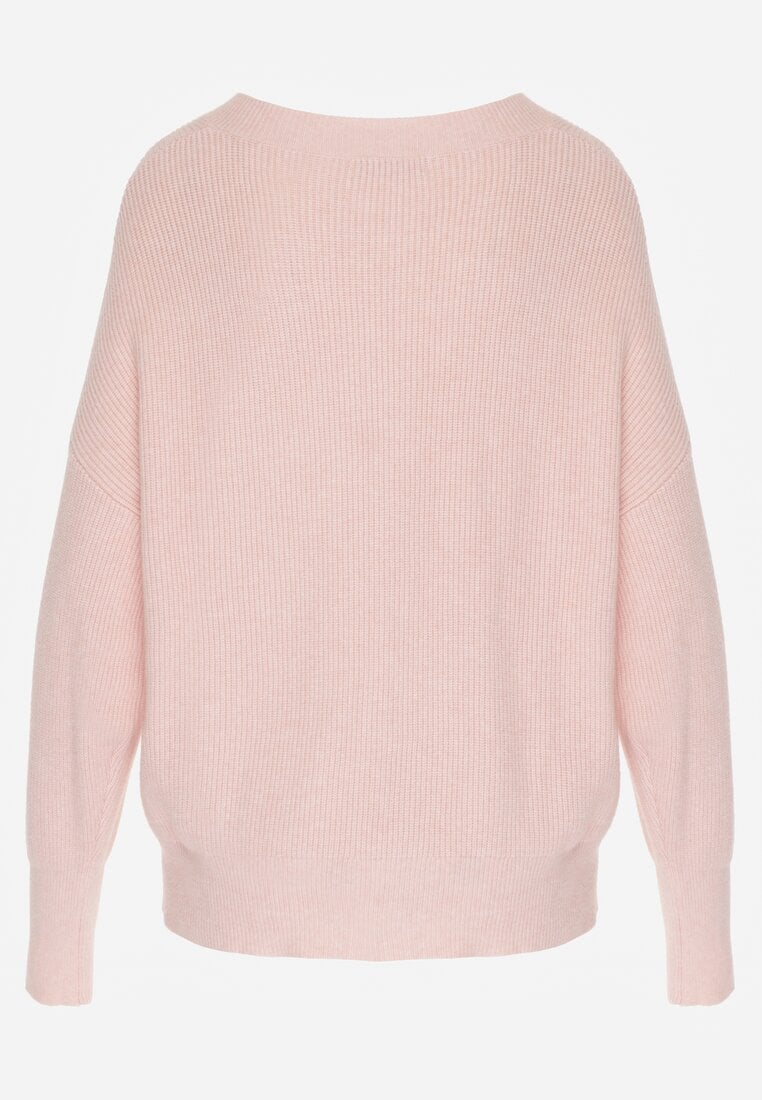 Jasnoróżowy Sweter z Domieszką Kaszmiru z Dekoltem w Serek Feralaine