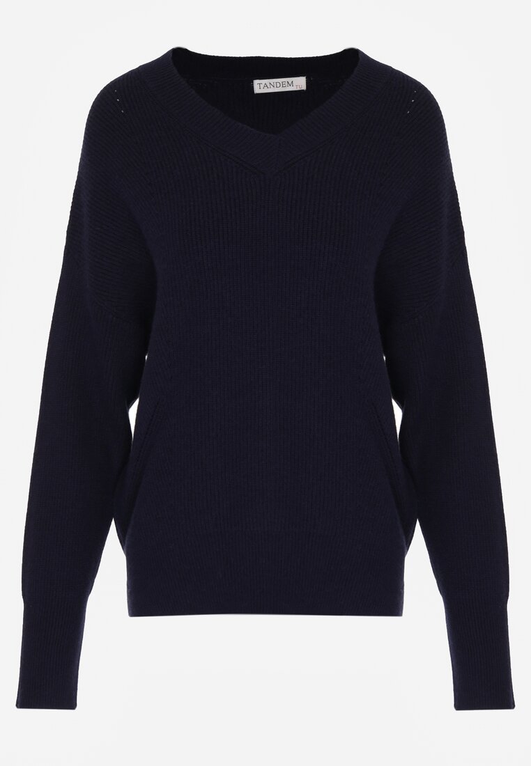 Granatowy Sweter z Domieszką Kaszmiru z Dekoltem w Serek Feralaine