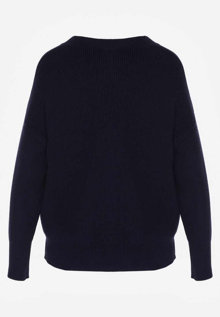 Granatowy Sweter z Domieszką Kaszmiru z Dekoltem w Serek Feralaine