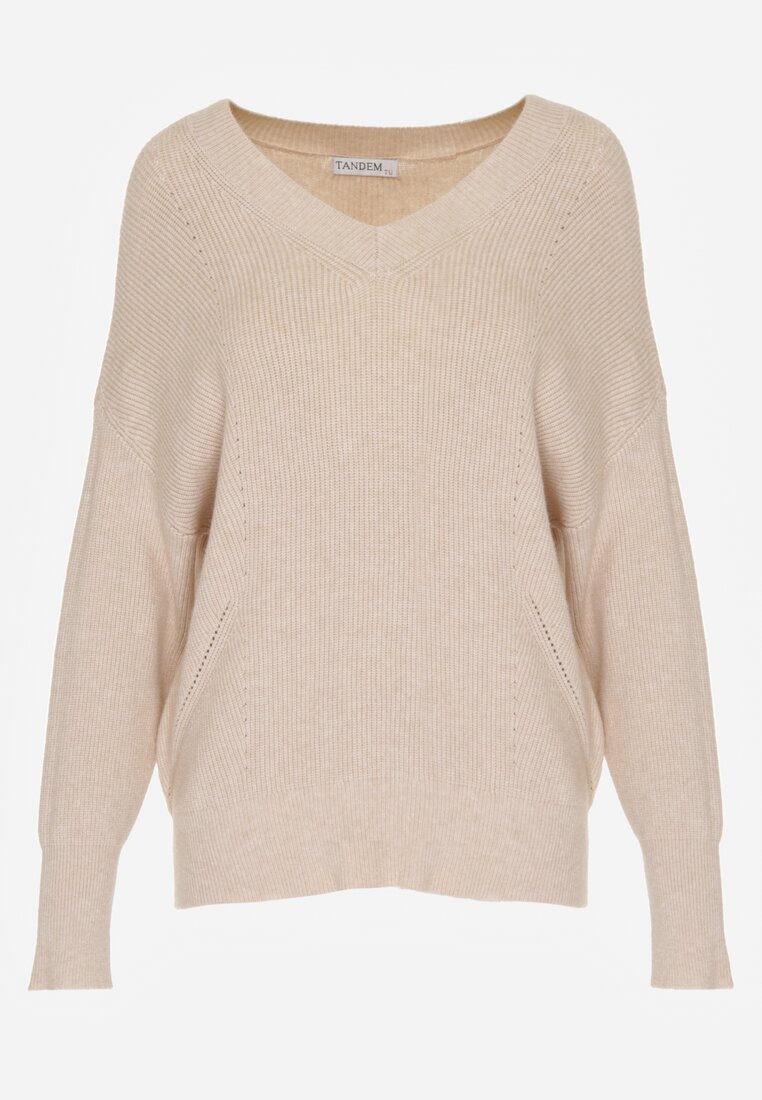 Beżowy Sweter z Domieszką Kaszmiru z Dekoltem w Serek Feralaine