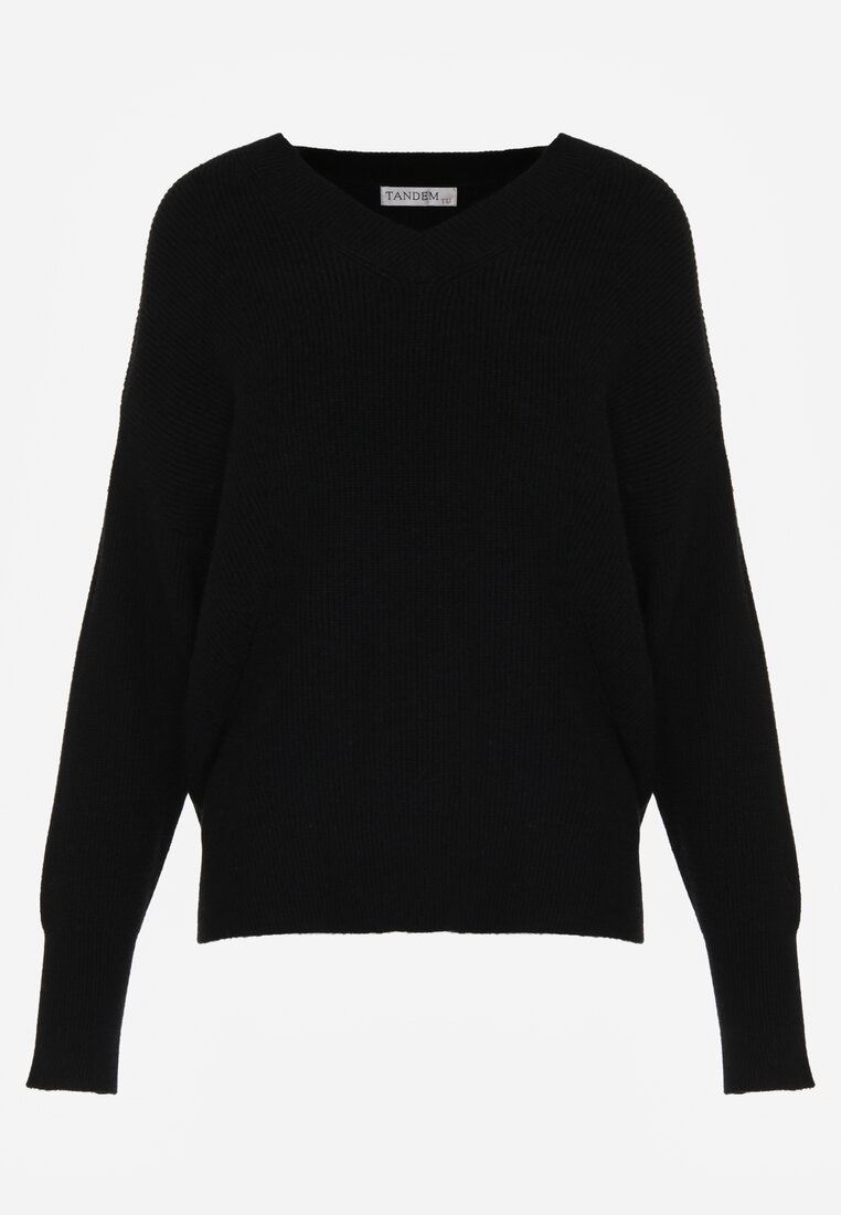 Czarny Sweter z Domieszką Kaszmiru z Dekoltem w Serek Feralaine