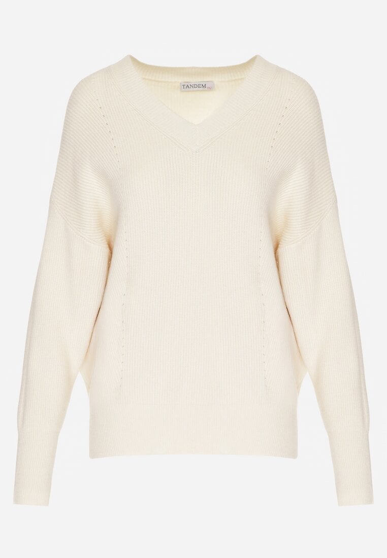 Jasnobeżowy Sweter z Domieszką Kaszmiru z Dekoltem w Serek Feralaine