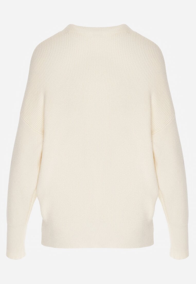 Jasnobeżowy Sweter z Domieszką Kaszmiru z Dekoltem w Serek Feralaine