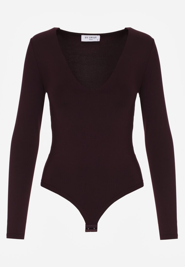 Fioletowe Body z Dekoltem w Serek i Długim Rękawem Zailea