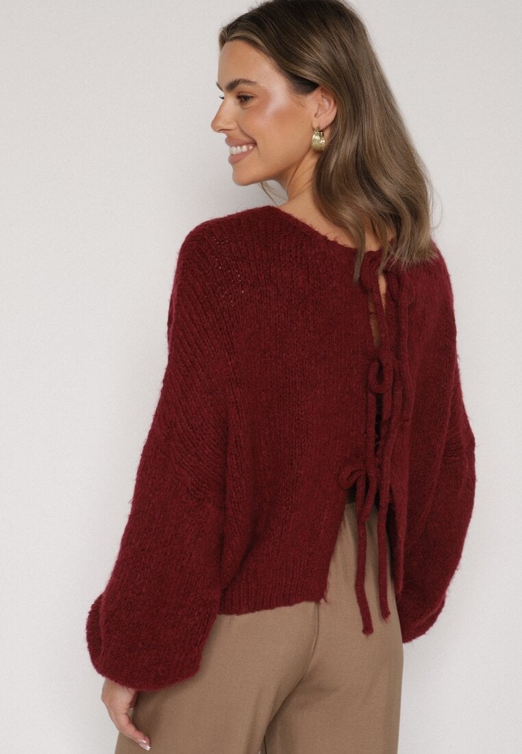 Bordowy Kardigan Oversize z Wełną Zdobiony Kokardkami Eleathalie