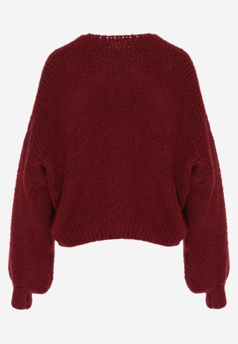 Bordowy Kardigan Oversize z Wełną Zdobiony Kokardkami Eleathalie