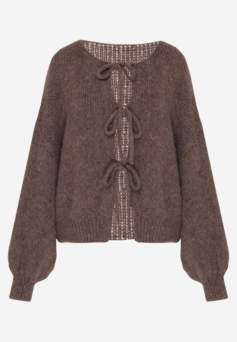 Jasnobrązowy Kardigan Oversize z Wełną Zdobiony Kokardkami Eleathalie