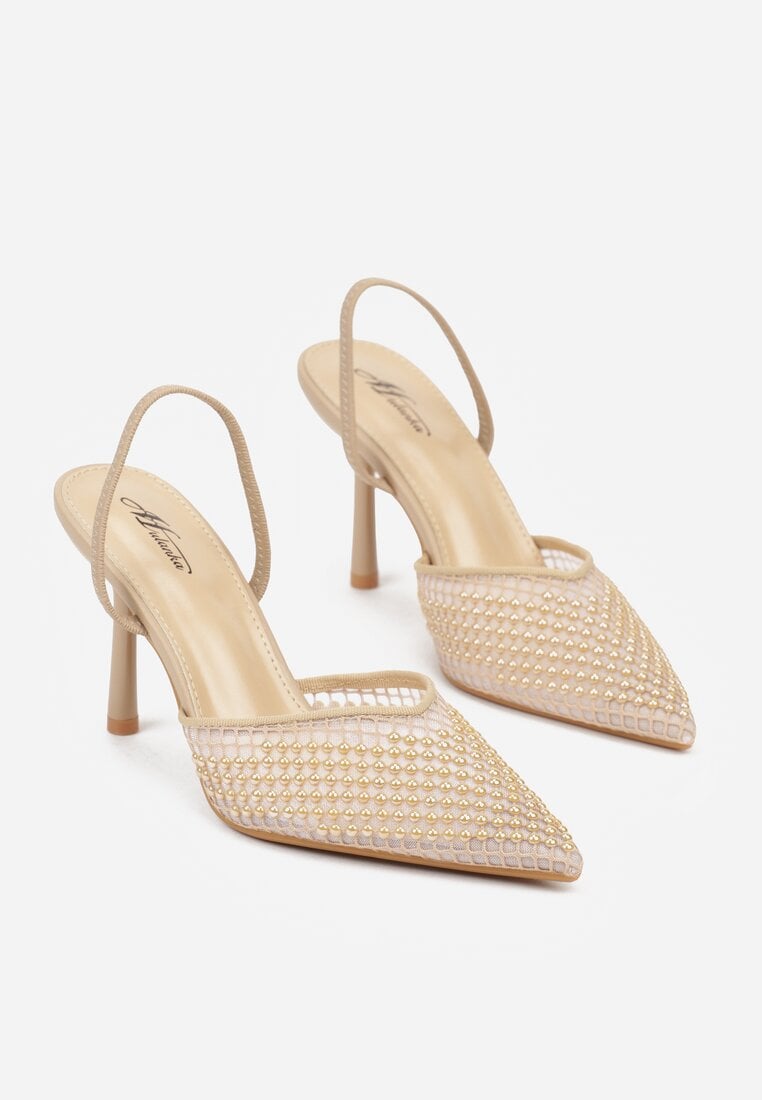 Ciemnobeżowe Siateczkowe Sandały na Szpilce ze Szpiczastym Noskiem z Perełkami Nivafera