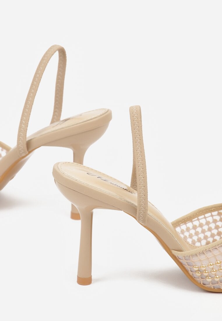 Ciemnobeżowe Siateczkowe Sandały na Szpilce ze Szpiczastym Noskiem z Perełkami Nivafera