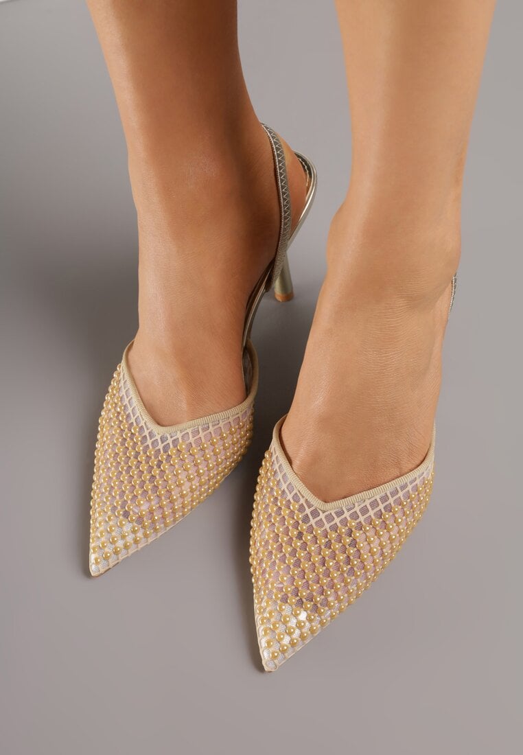 Złote Siateczkowe Sandały na Szpilce ze Szpiczastym Noskiem z Perełkami Nivafera