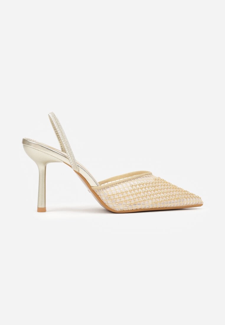 Złote Siateczkowe Sandały na Szpilce ze Szpiczastym Noskiem z Perełkami Nivafera