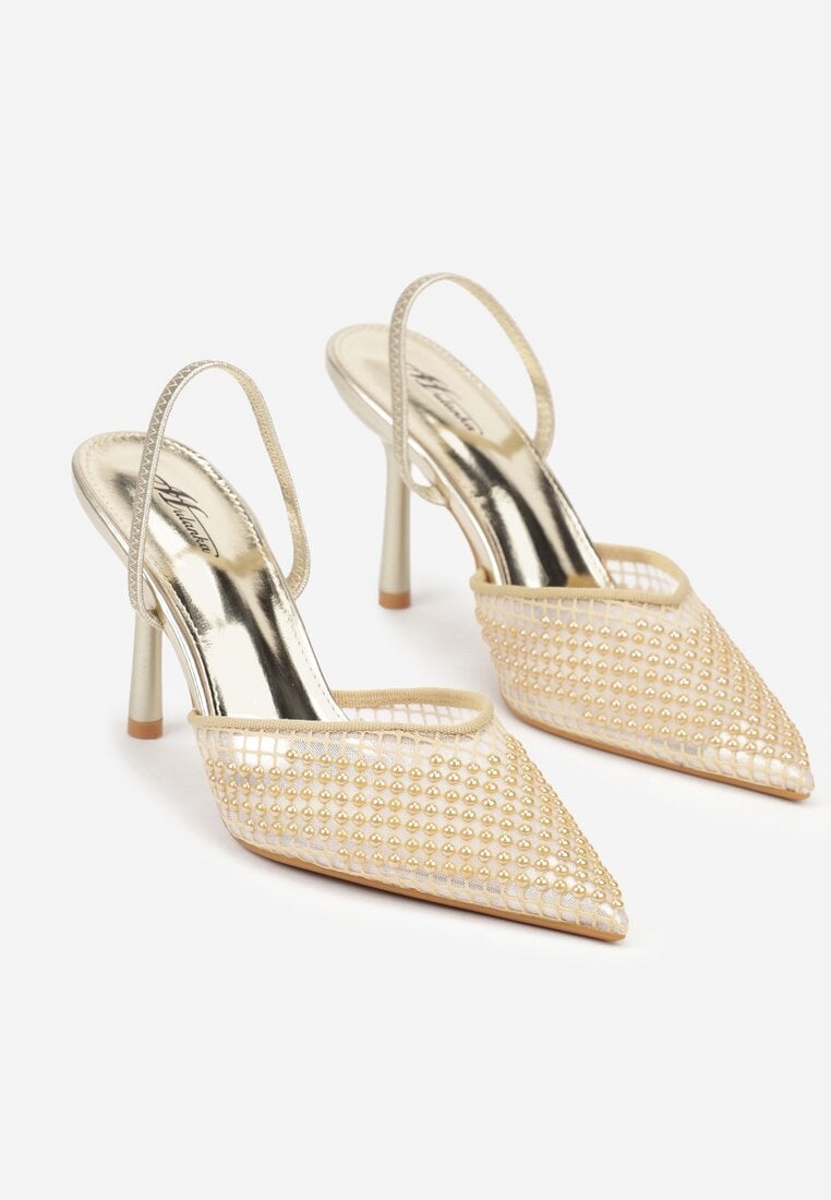 Złote Siateczkowe Sandały na Szpilce ze Szpiczastym Noskiem z Perełkami Nivafera