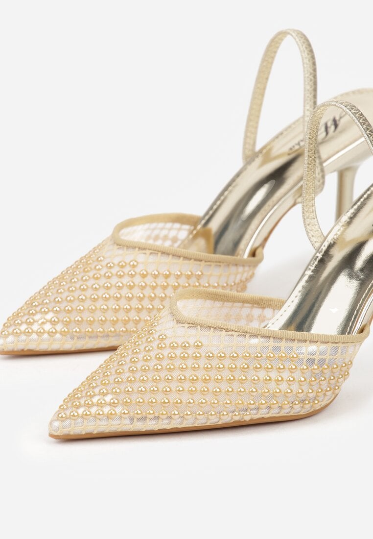Złote Siateczkowe Sandały na Szpilce ze Szpiczastym Noskiem z Perełkami Nivafera