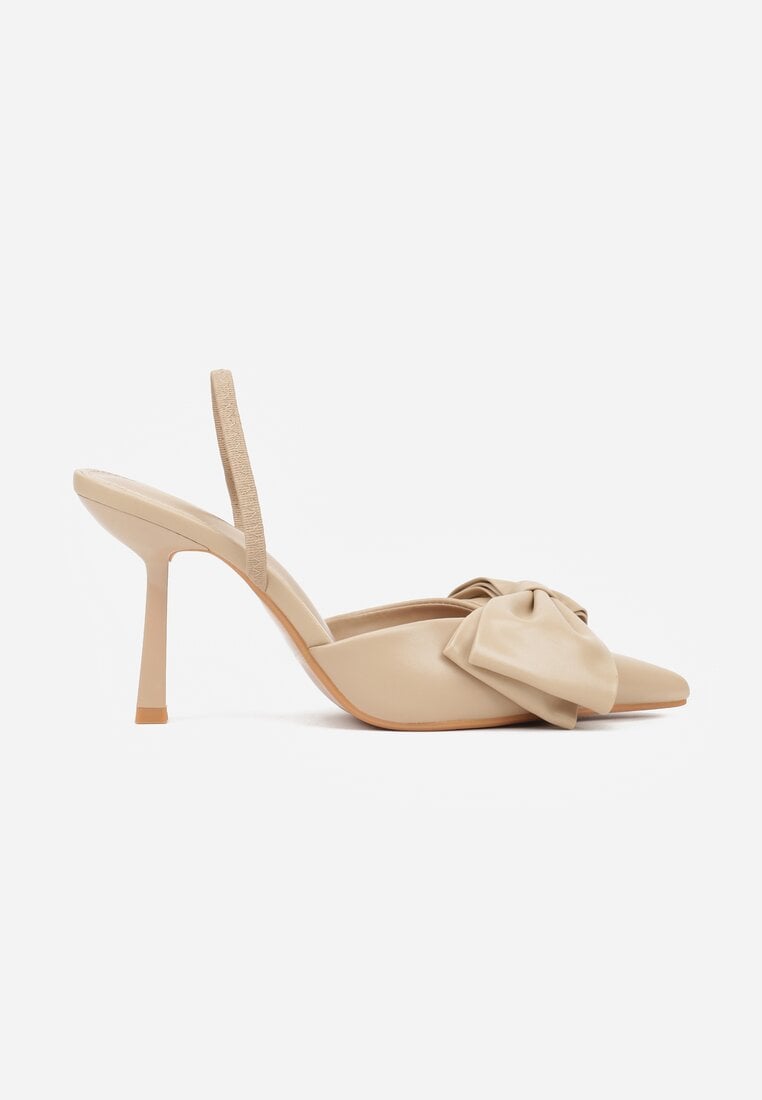 Ciemnobeżowe Sandały na Szpilce Typu Slingback z Kokardą Liorafera