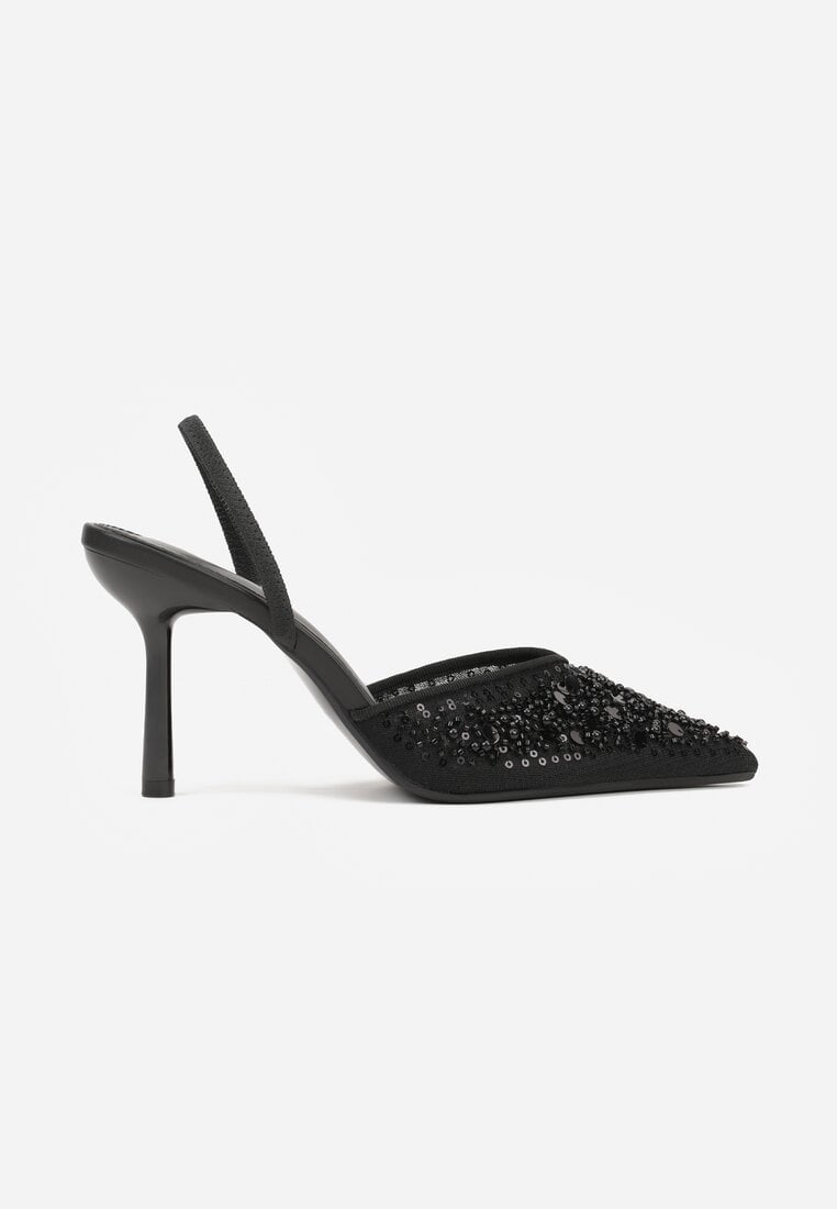 Czarne Szpilki z Odkrytą Piętą i Aplikacjami z Perełkami i Cekinami Senefera