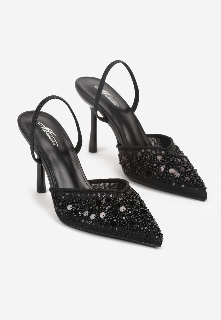 Czarne Szpilki z Odkrytą Piętą i Aplikacjami z Perełkami i Cekinami Senefera