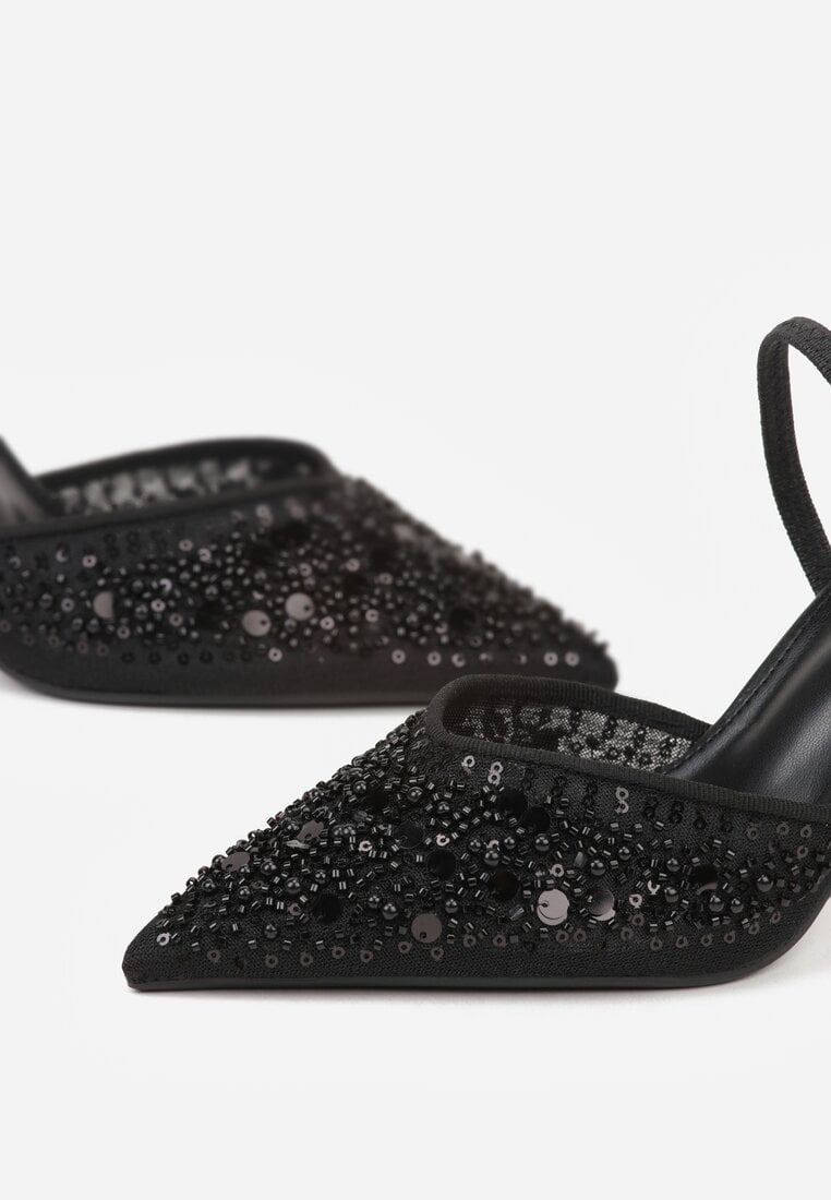 Czarne Szpilki z Odkrytą Piętą i Aplikacjami z Perełkami i Cekinami Senefera