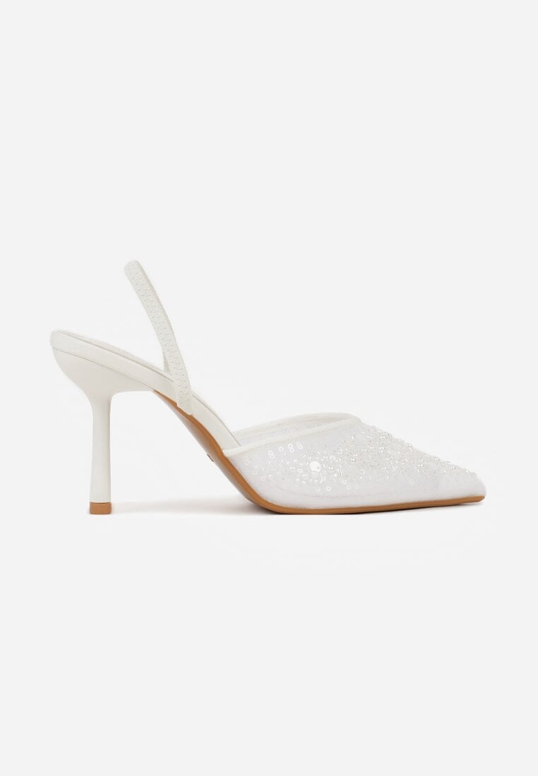 Białe Szpilki z Odkrytą Piętą i Aplikacjami z Perełkami i Cekinami Senefera