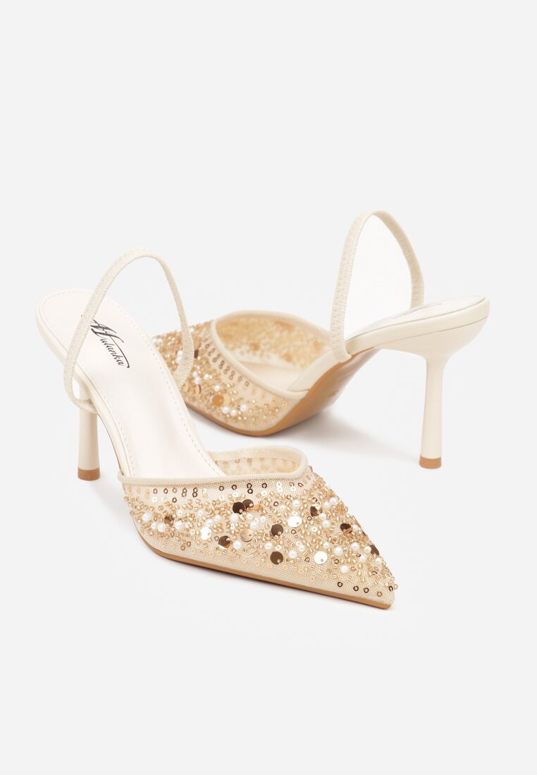 Beżowe Szpilki z Odkrytą Piętą i Aplikacjami z Perełkami i Cekinami Senefera