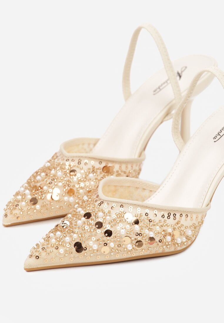 Beżowe Szpilki z Odkrytą Piętą i Aplikacjami z Perełkami i Cekinami Senefera