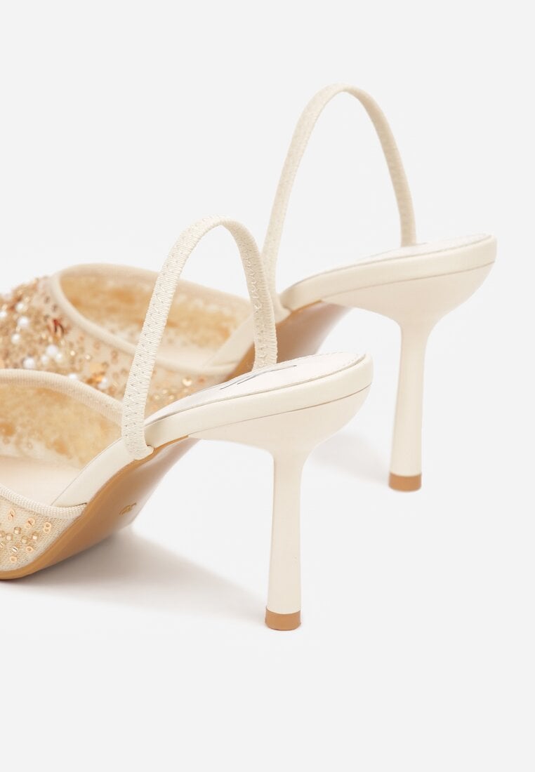 Beżowe Szpilki z Odkrytą Piętą i Aplikacjami z Perełkami i Cekinami Senefera