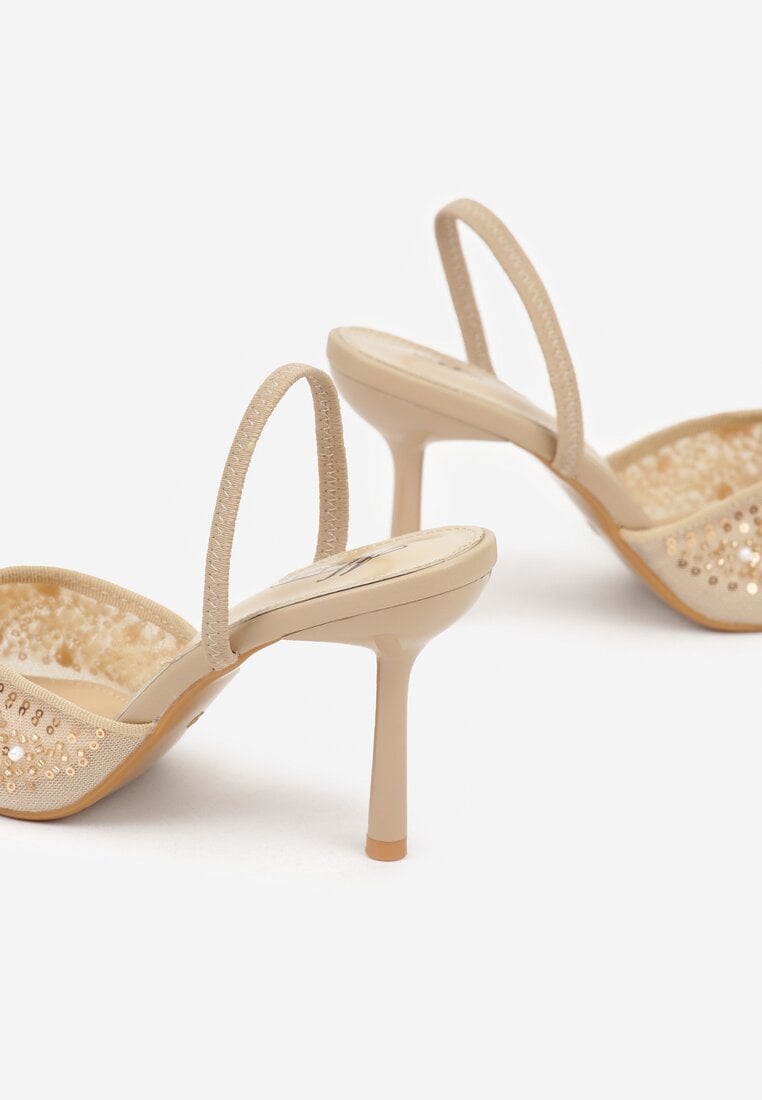 Ciemnobeżowe Szpilki z Odkrytą Piętą i Aplikacjami z Perełkami i Cekinami Senefera