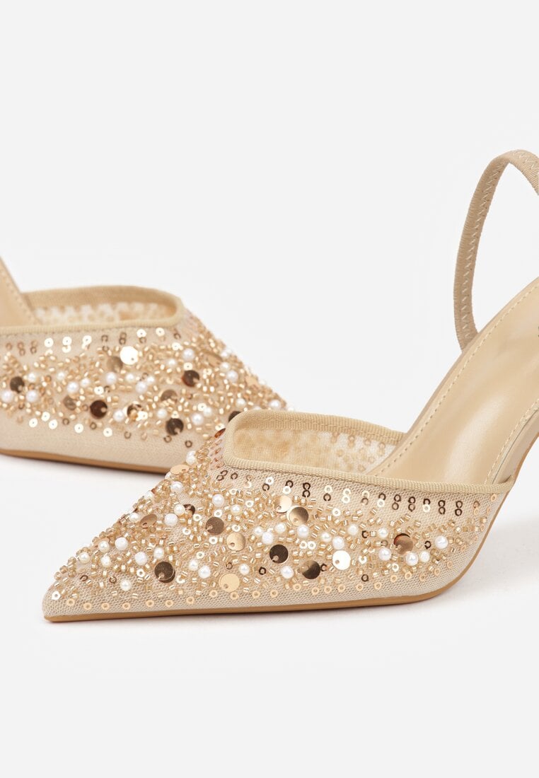 Ciemnobeżowe Szpilki z Odkrytą Piętą i Aplikacjami z Perełkami i Cekinami Senefera