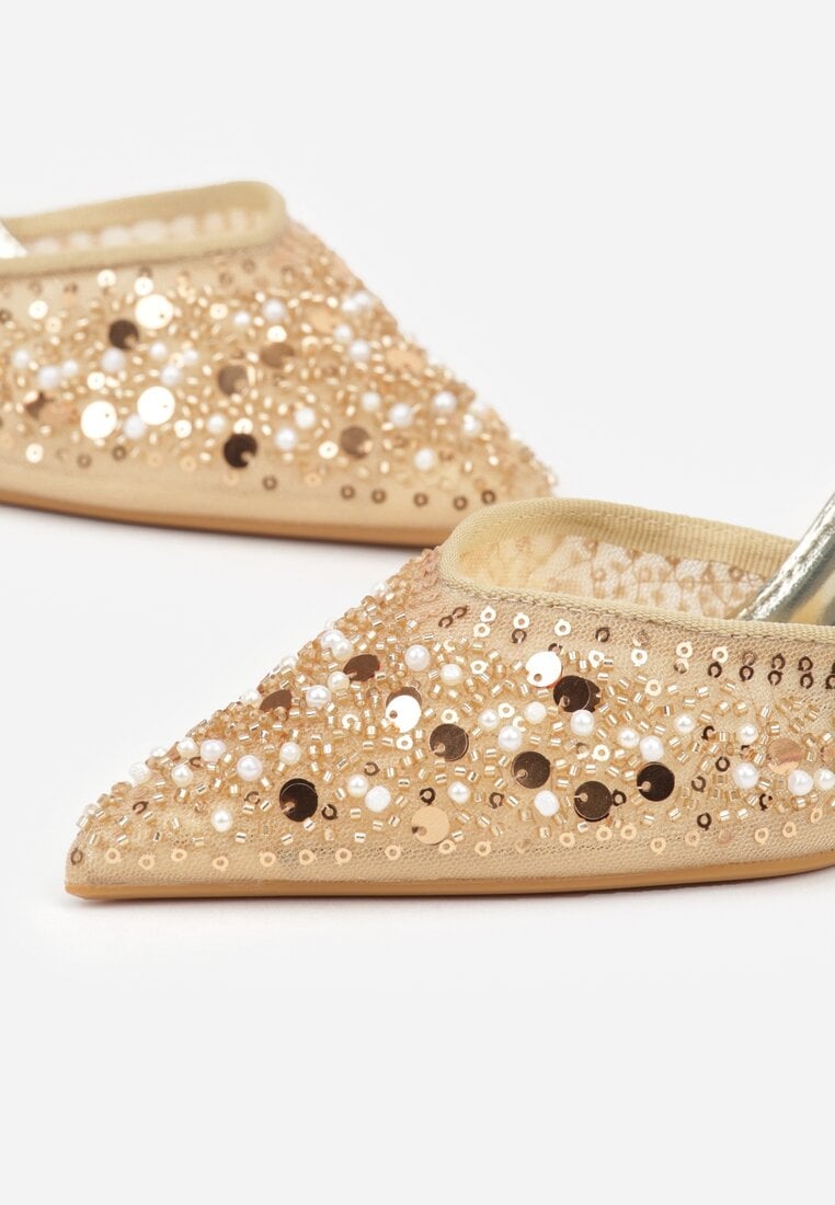 Złote Szpilki z Odkrytą Piętą i Aplikacjami z Perełkami i Cekinami Senefera