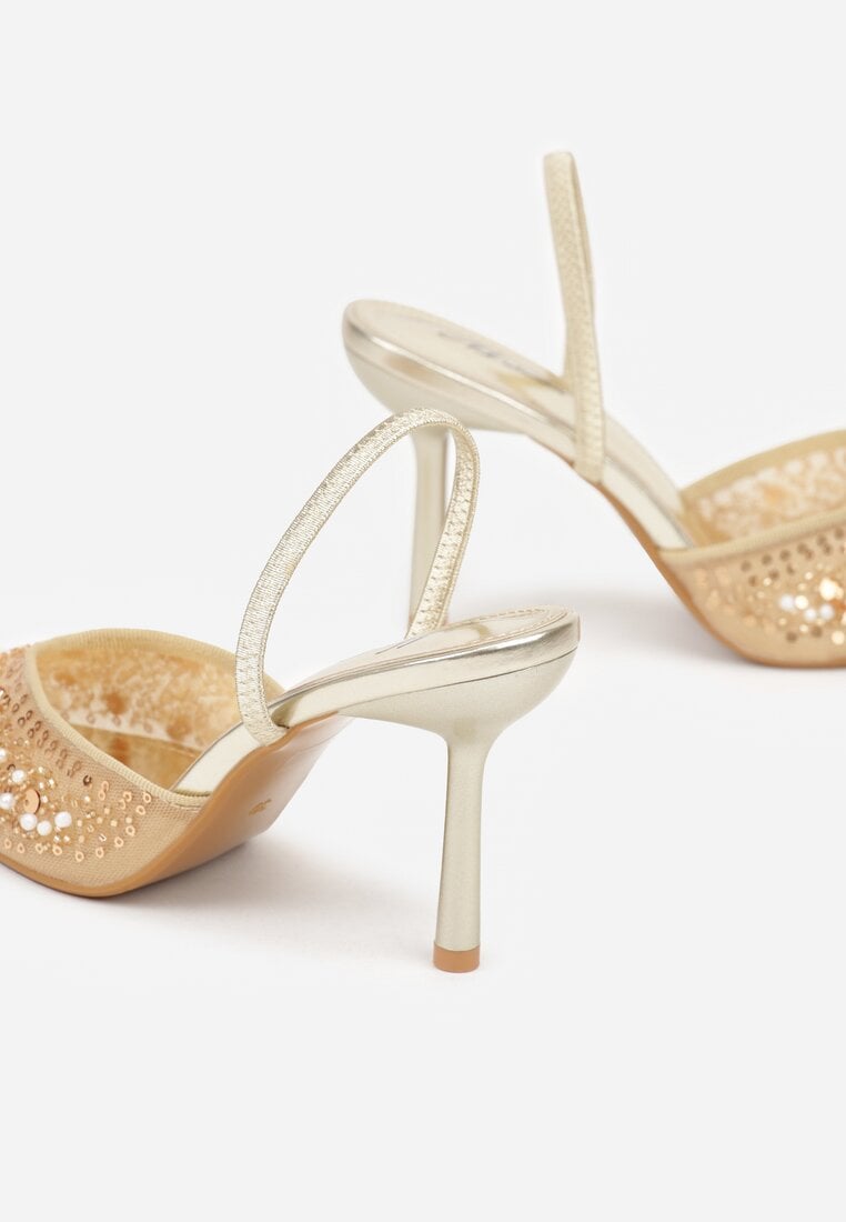 Złote Szpilki z Odkrytą Piętą i Aplikacjami z Perełkami i Cekinami Senefera