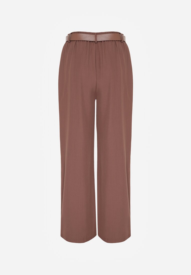 Brązowe Spodnie o Garniturowym Kroju z Szeroką Nogawką i Paskiem z Klamrą Feviona