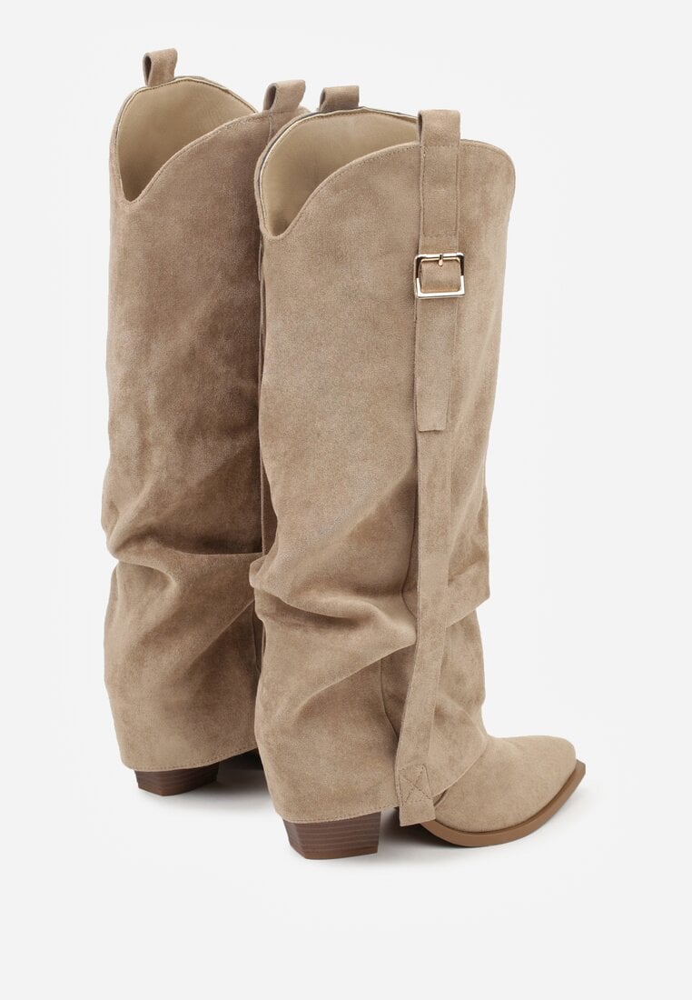 Ciemnobeżowe Kozaki Kowbojki na Stożkowym Obcasie z Wywiniętą Cholewką i Klamrą Naletea