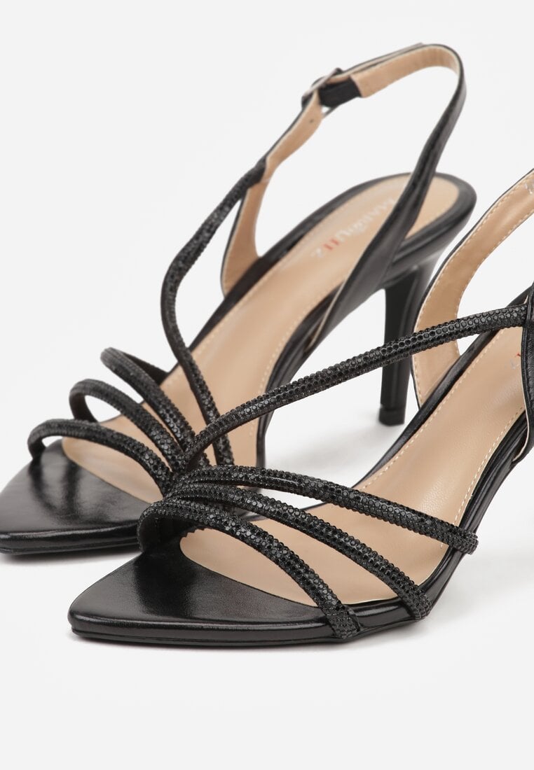 Czarne Sandały na Szpilce Zdobione Cyrkoniami Denafera