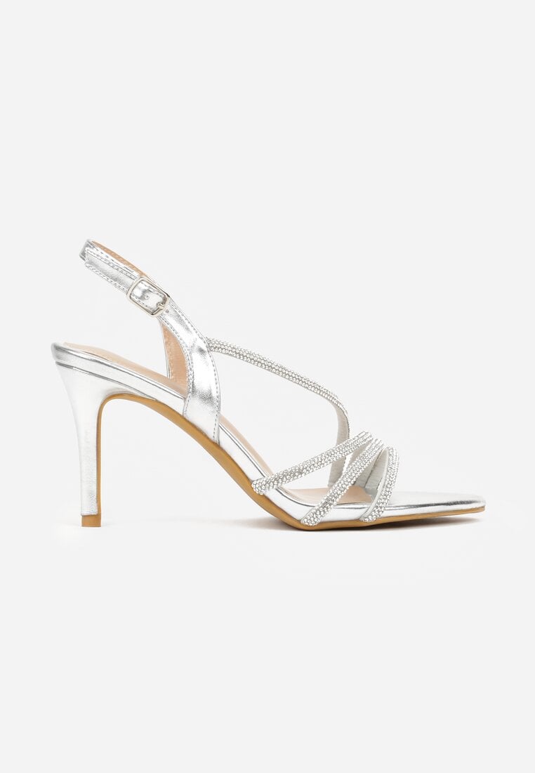 Srebrne Sandały na Szpilce Zdobione Cyrkoniami Denafera