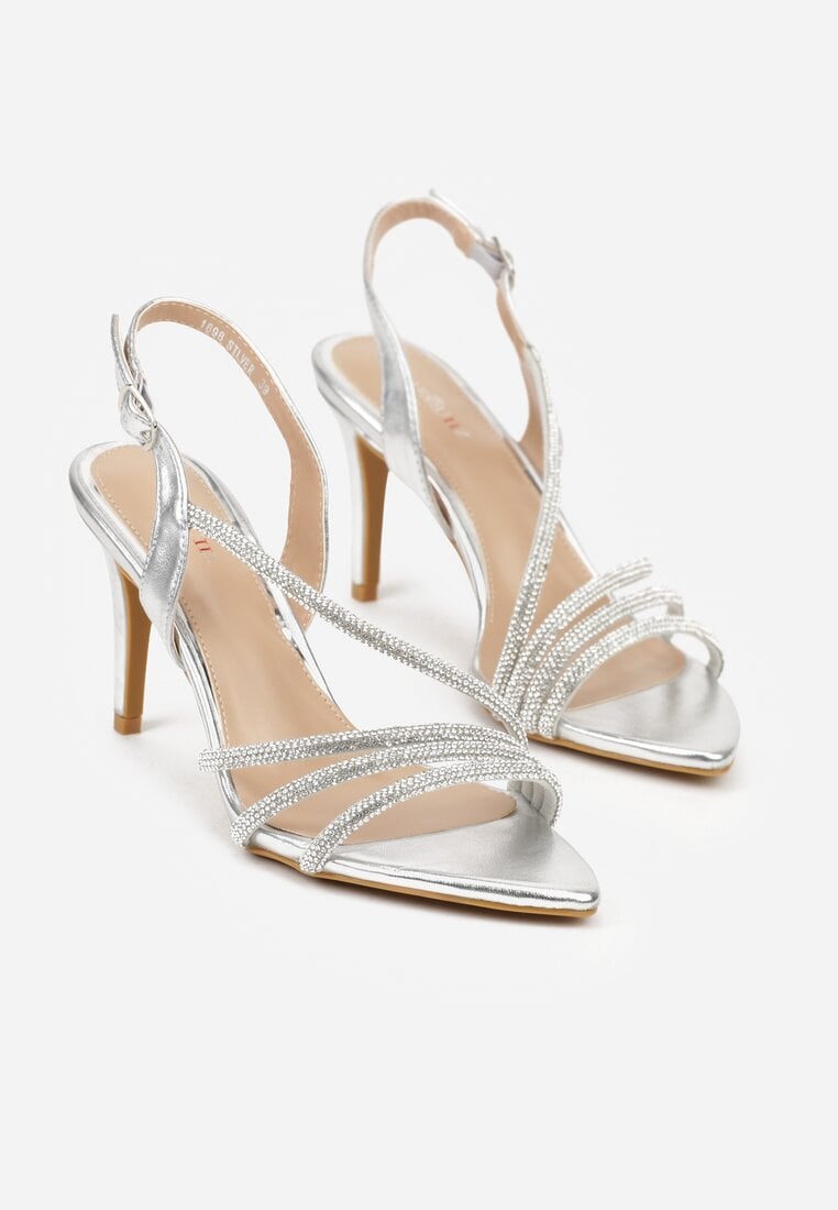 Srebrne Sandały na Szpilce Zdobione Cyrkoniami Denafera