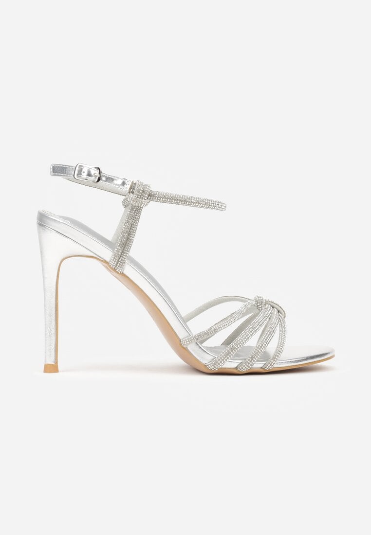 Srebrne Cyrkoniowe Sandały na Szpilce z Przeplatanymi Paseczkami Mirafera