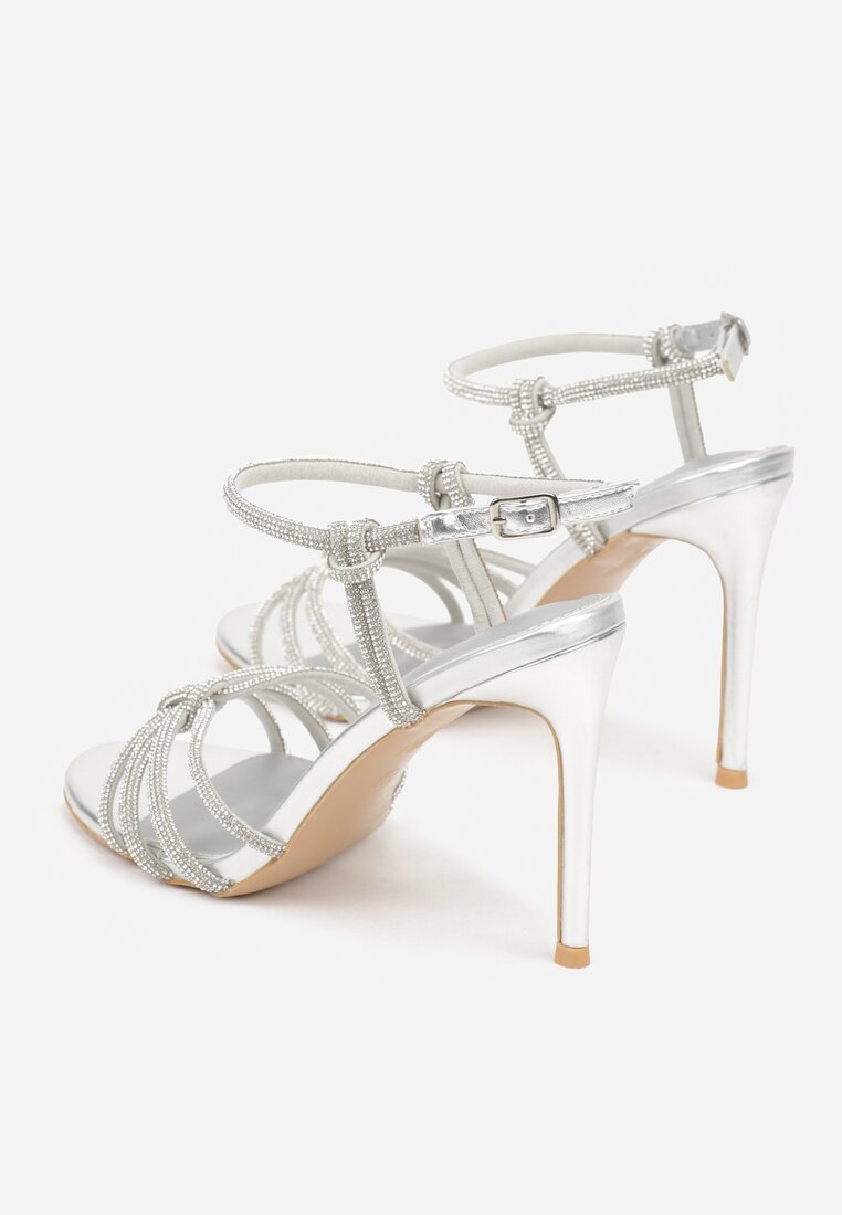 Srebrne Cyrkoniowe Sandały na Szpilce z Przeplatanymi Paseczkami Mirafera