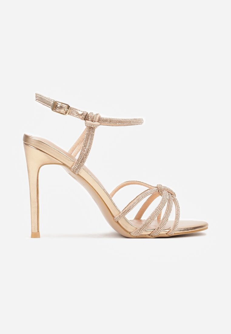 Szampańskie Cyrkoniowe Sandały na Szpilce z Przeplatanymi Paseczkami Mirafera