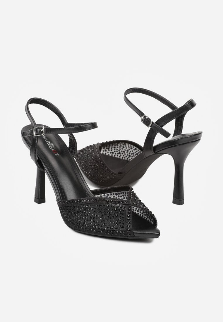 Czarne Sandały na Szpilce z Cyrkoniami Aurefera