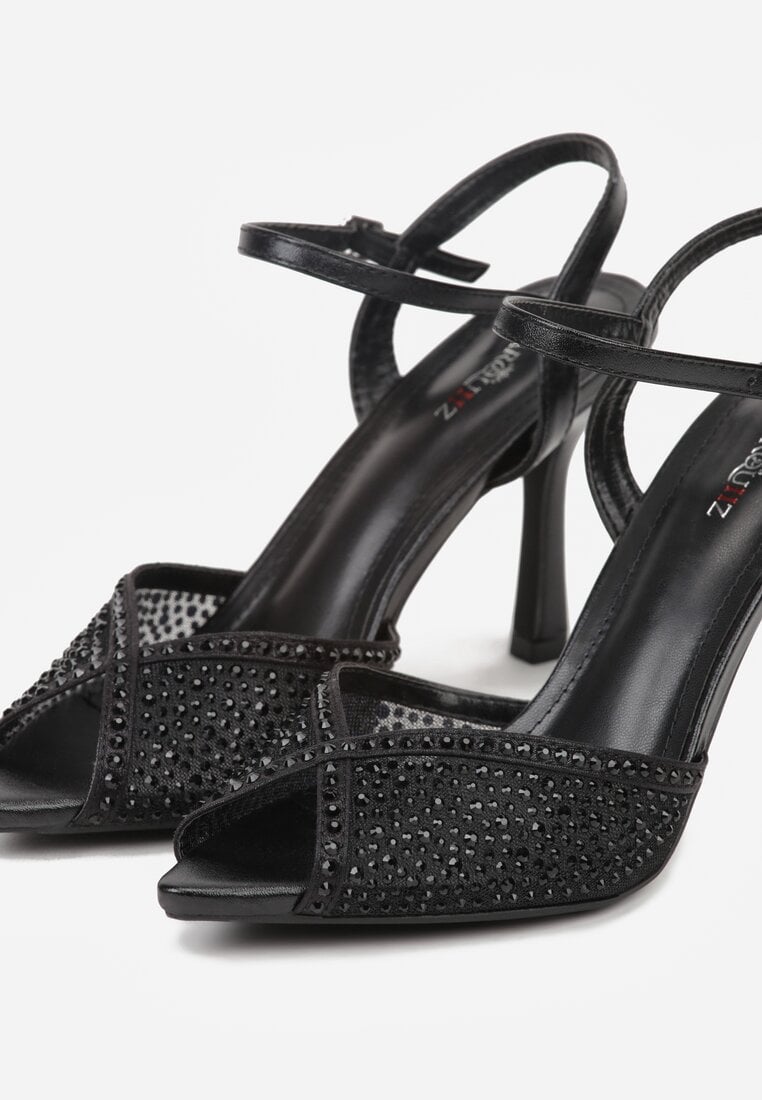 Czarne Sandały na Szpilce z Cyrkoniami Aurefera