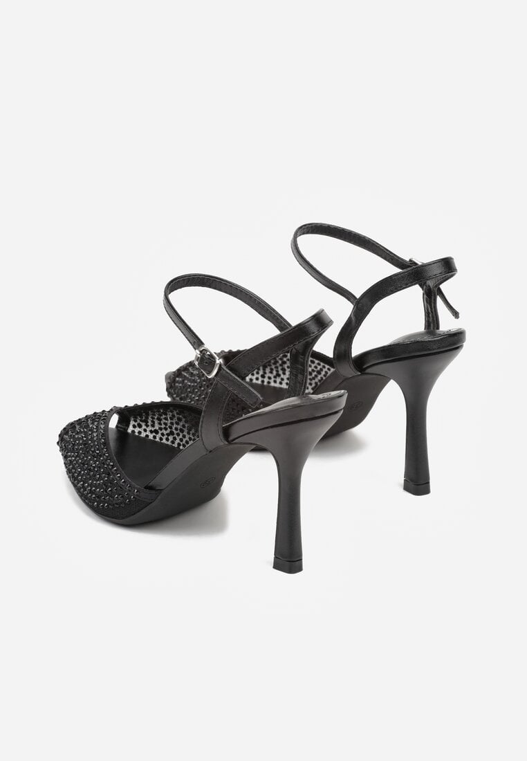 Czarne Sandały na Szpilce z Cyrkoniami Aurefera