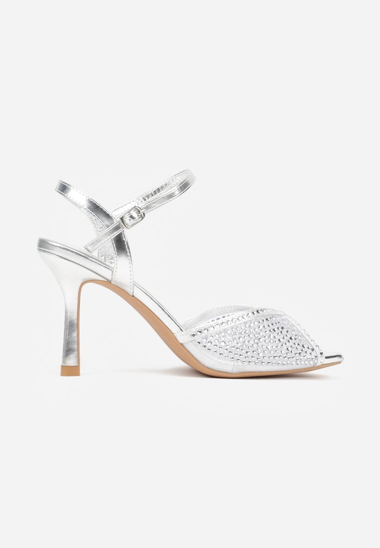 Srebrne Sandały na Szpilce z Cyrkoniami Aurefera
