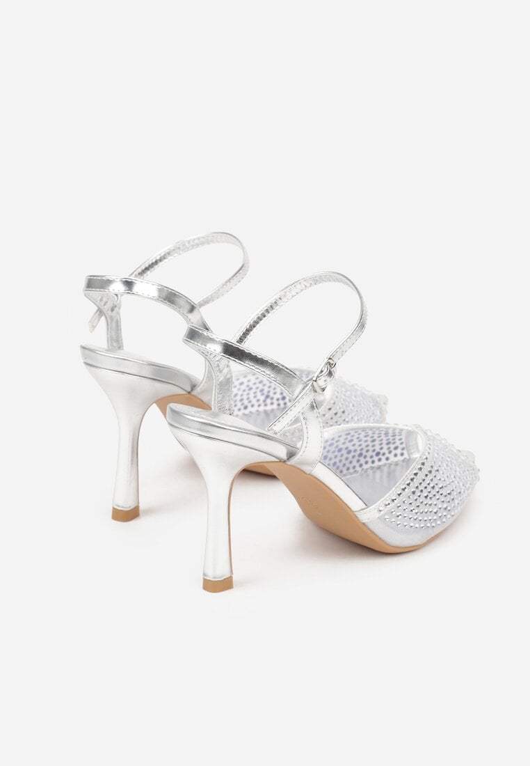 Srebrne Sandały na Szpilce z Cyrkoniami Aurefera