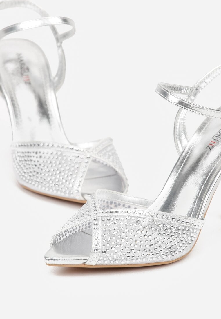 Srebrne Sandały na Szpilce z Cyrkoniami Aurefera